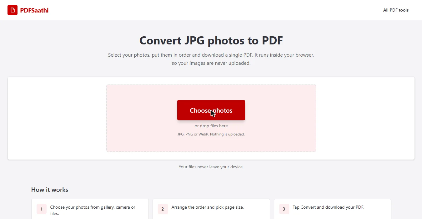 स्टेप 1: JPG to PDF टूल में Choose photos पर क्लिक करें (डेस्कटॉप)
