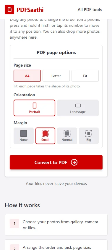 मोबाइल स्टेप 3: पेज सेटिंग चुनें और Convert to PDF पर टैप करें