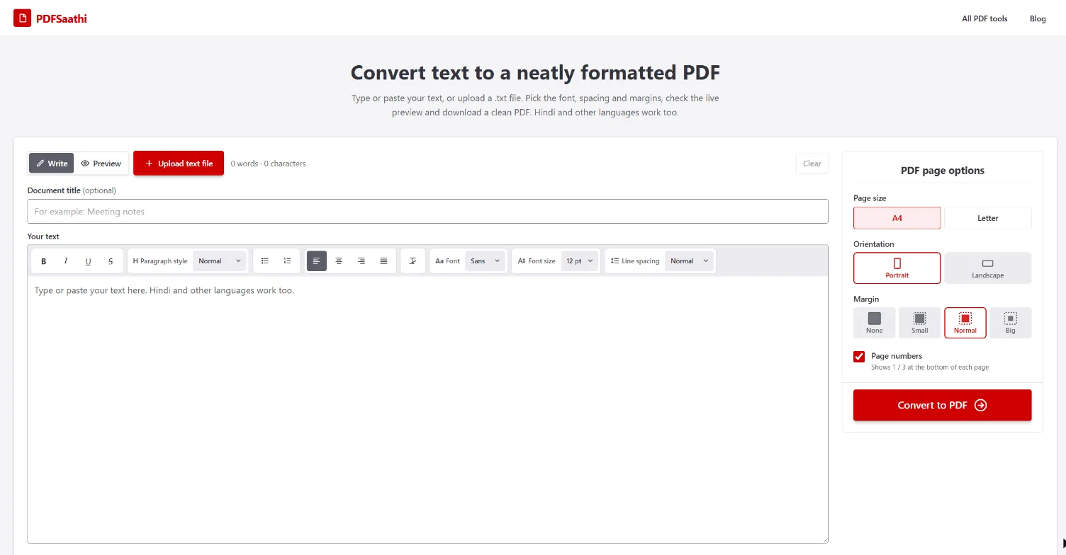 Step 1: The Text to PDF tool with an empty editor (desktop)