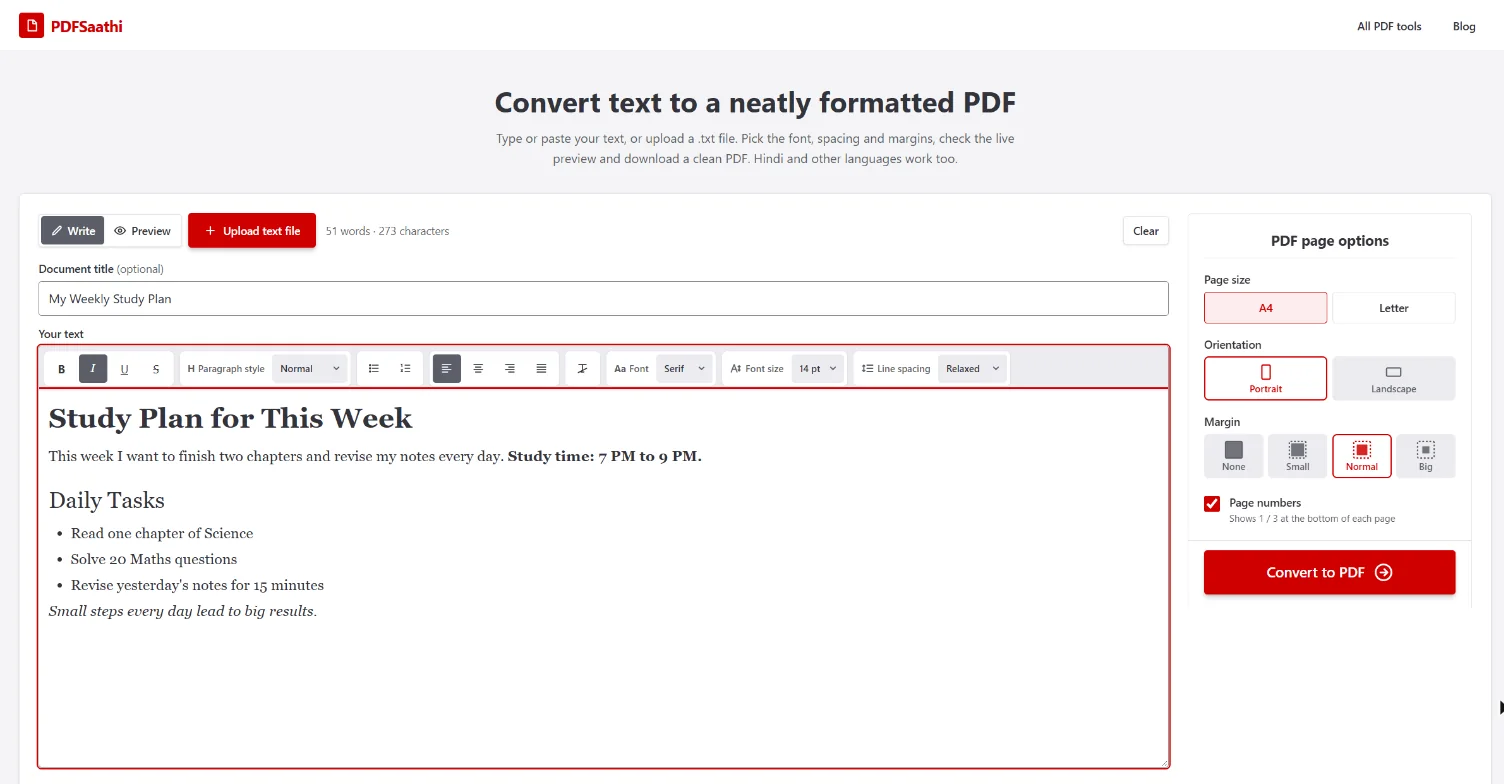 Step 2: Sample text with a heading, bold text, a bullet list and italic text (desktop)