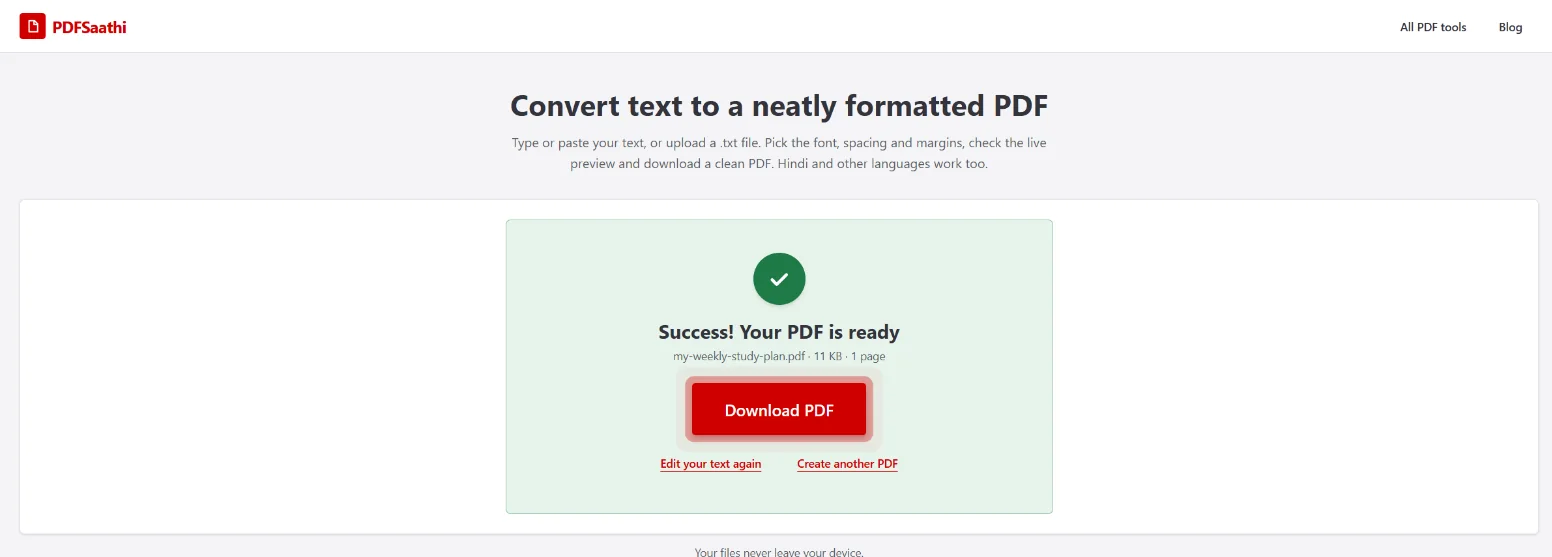 Step 4: Your PDF is ready, click Download PDF (desktop)