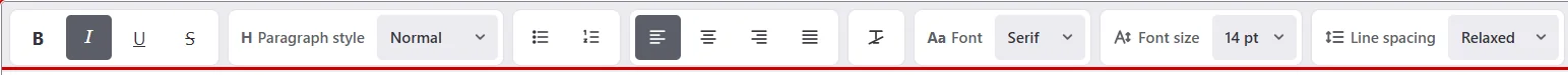 The formatting toolbar: bold, italic, underline, paragraph style, lists, alignment, font, font size and line spacing